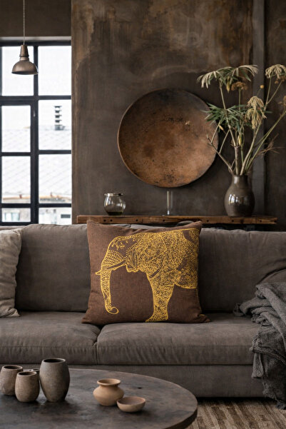 Alacastore غطاء وسادة مزخرف بنمط الفيل العرقي الذهبي من الكتان البني