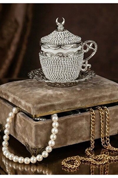 AcarHediyelik Kristal Taşlı Kapaklı Kahve Fincanı, Gümüş Renk