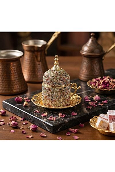 AcarHediyelik 1 Adet Kristal Taşlı Kapaklı Kahve Fincanı, Renkli