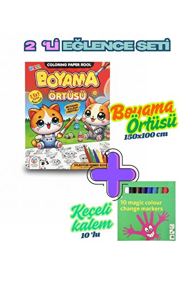 YUPULU Boyama Örtüsü ve 12'li keçeli kalem ile 2'li Set Eğitici Oyun Halısı m...