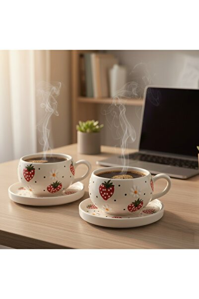 RGS HOMELİFE Çilek Desenli Seramik 2’li Tabaklı Kupa Seti – El Yapımı Kahve &...