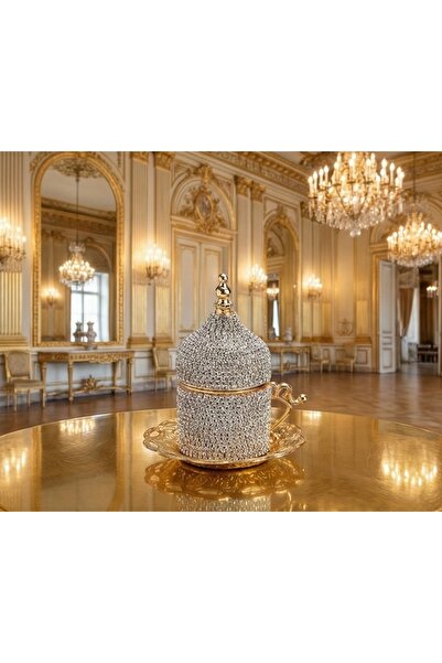 AcarHediyelik Kristal Taşlı Kapaklı Kahve Fincanı, Altın Renk