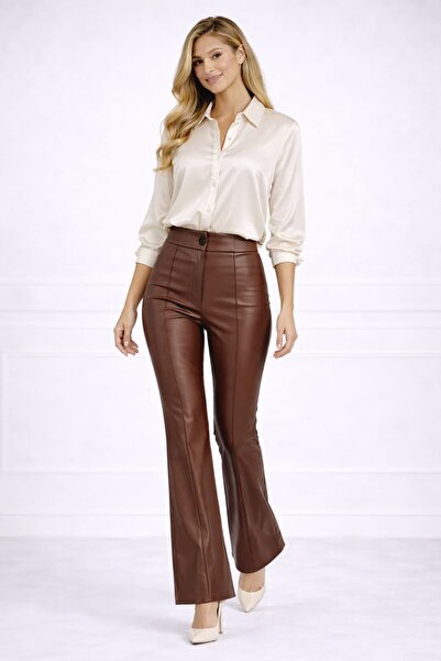 Ronasia Brown Chic piped Leather-Look High Waist Women's Trousers - Brown