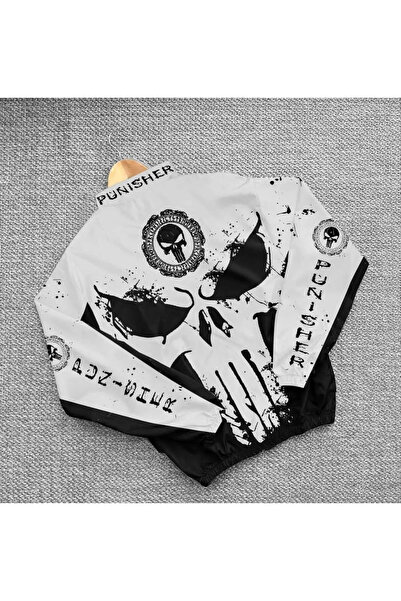 Lushen Kuru Kafa Punisher Siyah Beyaz Oversize Unisex Motorcu Yağmurluk Rüzgarlık İnce Ceket