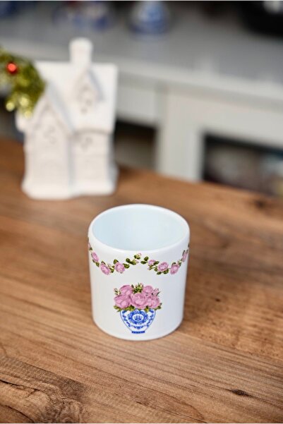 Viva Seramik New Blue White Pink Rose, Handleless Double Turkish Coffee Cup, ...