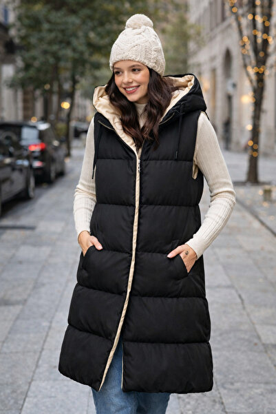 Bold Icon سترة طويلة نسائية ذات وجهين قصة فضفاضة بغطاء رأس مزودة بسحاب للإغلا...