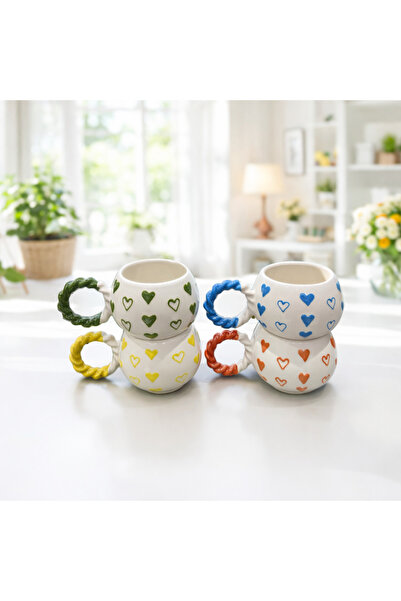 İZart كوب سيراميك مكون من 4 قطع - حياكة فقاعية، مقبض، نمط قلب صغير، منقوش خاص...