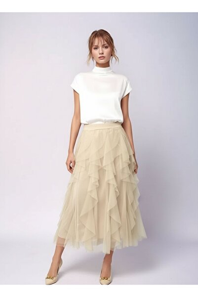 MAMAYAGA Fusta din tul cu talie înaltă, cu talie înaltă, cu design pliat pent...