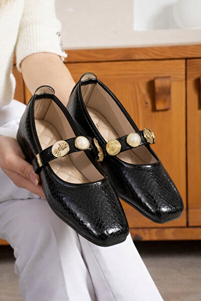 STOCON Luxora Black Snake Leather Model Accessory Ballerina Daily Ballerina O...