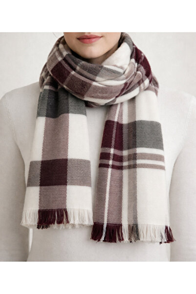 EFİLACCESSORİES KARELİ DESENLİ PUFFY KREM-BORDO ATKI ŞAL OMUZ ŞALI 45 x 190