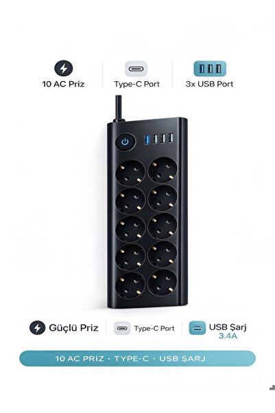 ÇELİKWORK 10’lu Akım Korumalı Priz Çoklayıcı 3 USB 1 Type-C 3.4A 16A Uzatma K...