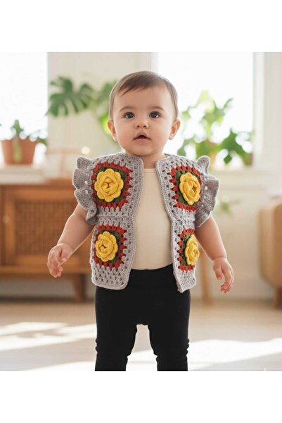 NEXT LİFE STORE Handmade Hand Knitted Rose Motif Baby Girl Vest, Cotton Yarn,...