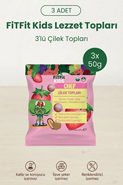 Kids Chef Çilek Topları | Doğal Hurma-Fındık-Çilek Atıştırmalığı, Katkısız, Şekersiz 50 gr x 3 Adet