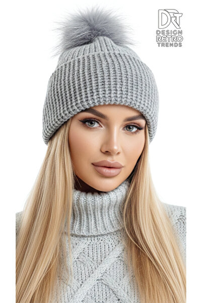 drt tasarım Double Layer Pompom Thick Beanie Gray