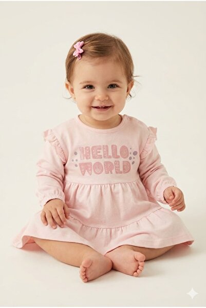 Kids Kingdom Pamuklu Penye Güpür Detaylı Kız Bebek Elbise