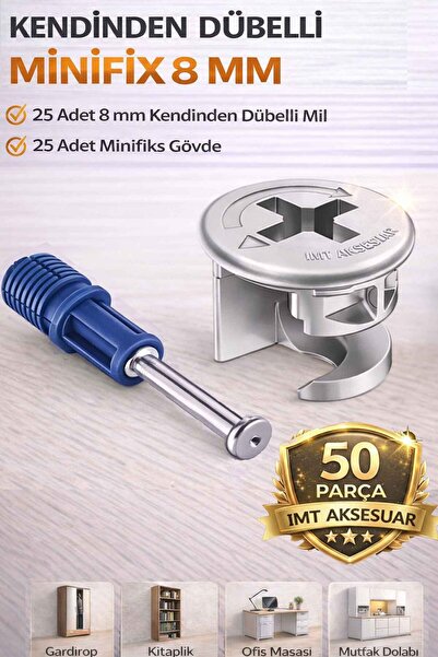 İMT AKSESUAR 8 mm Kendinden Dübelli Minifix Gövde ve Mil Seti - Mobilya Bağla...