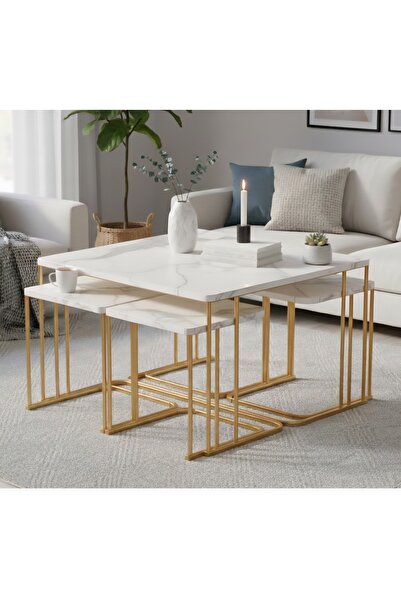Nokta Sehpa Home 5li TEKERLEKLİ 4+1 YAVRULU ORTA SEHPA gold beyaz mermer