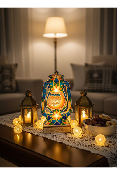 co arma مصباح طاولة خشبية على شكل فانوس بعبارت رمضان مبارك