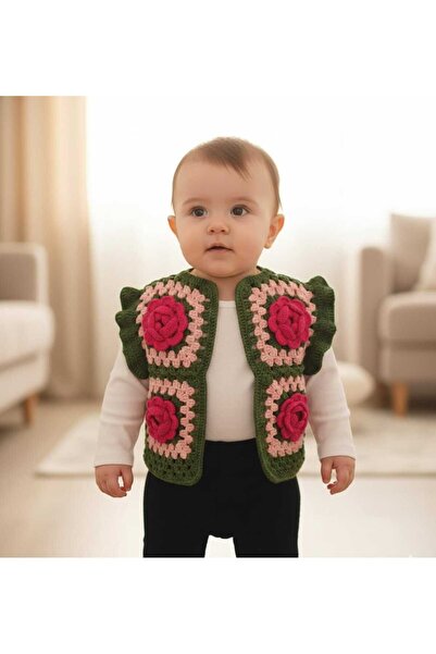 NEXT LİFE STORE El Yapımı El Örgüsü Gül Motifli Kız Bebek Yeleği, Pamuk İplik...