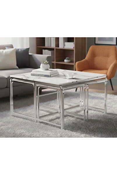 Nokta Sehpa Home 5Lİ DEMET 4+1 ORTA SEHPA gümüş beyaz mermer ahşap