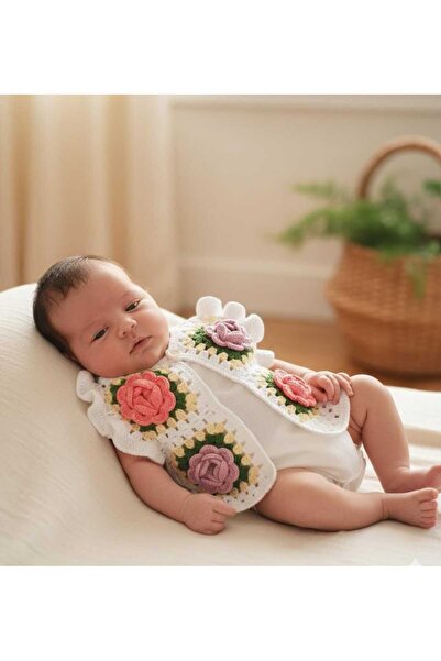 NEXT LİFE STORE El Yapımı El Örgüsü Gül Motifli Kız Bebek Yeleği, Pamuk İplik...