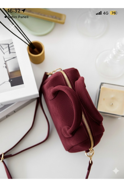 LİZZY BAG Burgundy Suede Mini Single Compartment Zippered Adjustable Strap Ha...