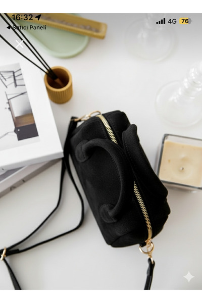 LİZZY BAG Black Suede Mini Single Compartment Zippered Adjustable Strap Handb...