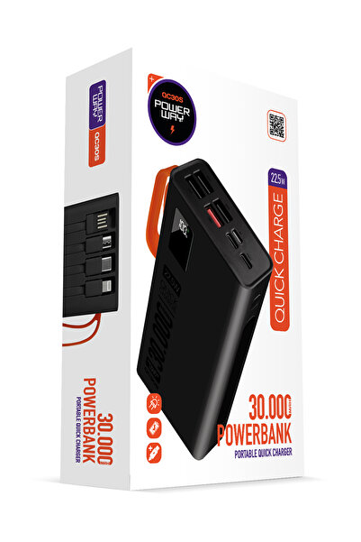POWERWAY 30.000 Mah Pd 22.5W Dahili Kablolu Hızlı Şarj Led Fener Gerçek 30.00...