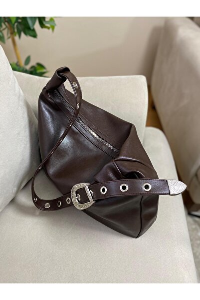 MODA Geantă de umăr din piele moale maro pentru femei - Geantă de zi cu catar...