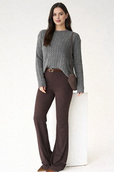 LOOSH Kadın Kahve Kemer Detaylı İspanyol Paça Tayt Pantolon