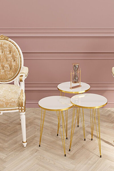 alpaevmobilya 3'lü Gold Tel Ayaklı Yuvarlak Zigon Sehpa Takımı - Modern Salon...