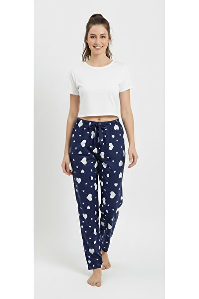 noend Women's Pajama Bottoms Heart Patterned Cotton Soft Textured Anti-Pilling