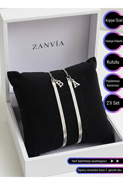 ZANVİA Kararmaz Çelik 2’li Harfli Italyan Arkadaş, Sevgili, Çift Bilekliği Pa...