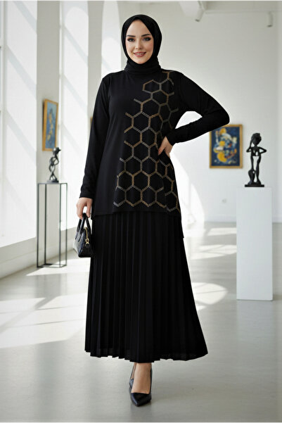 modamira Kadın Sandy Siyah 2li Bluz Taş Detaylı Eteği Piliseli Ikili Tesettür...