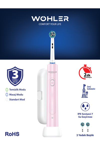 Wohler Değiştirilebilir Başlıklı Şarj Edilebilir Elektrikli Diş Fırçası - Pembe
