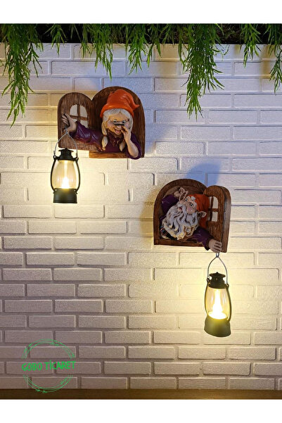 Gobo Fenerli Dekoratif Cüce Figürlü Dede ve Nine 2li Set Duvar ve Kapı Lambas...