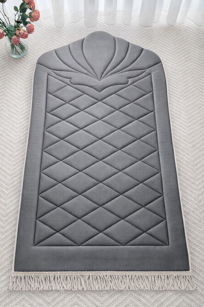 uhtico Gray Silk Velvet Quilted Prayer Rug with Orthopedic Sponge That Doesn'...