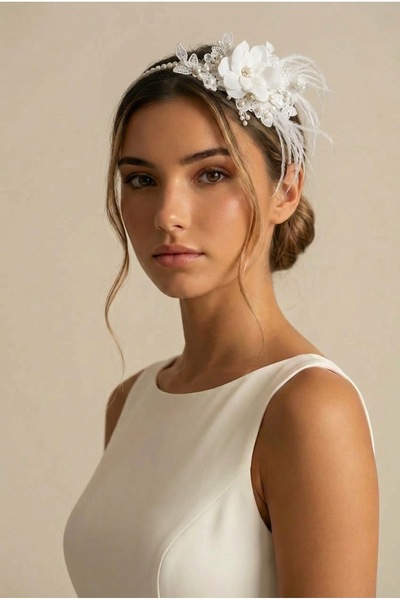 CAPPELLO DESİGN Tüylü Nikah Tacı, Düğün Gelin Saç Aksesuarı, Dış Çekim Gelin ...