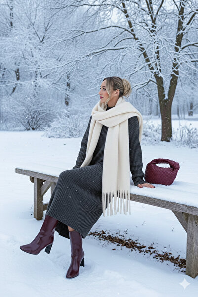 Mavero Vega Uzun Saçaklı Tüylü Kışlık Şal Atkı | Yumuşak Dokulu Moda Omuz Şal...