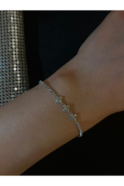 Dore Silver Zirkon Taşlı Çiçek Detaylı İnce Su Yolu Bileklik