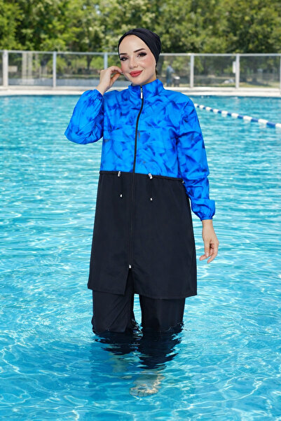 DLC Tekstil Dijital Baskılı Beli Bağcıklı Tesettür Mayo Bone Hediyeli