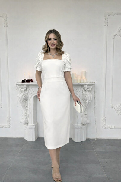 HELİS BUTİK Balloon Sleeve Pearl Embroidered Midi Length White Dress