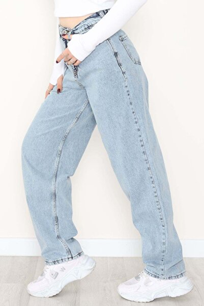 Avcı Jean Yüksek Bel BAGGY Kesim Kar Mavi Kadın Kot Pantolon