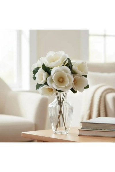 Erden Flowers Yapay Çiçek Gerçek Dokunuşlu 7 Dal Demet Manolya (Beyaz)-40 cm