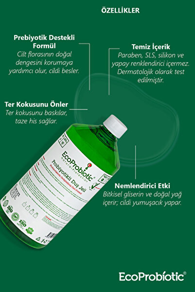 EcoProbiotic Prebiyotikli Duş Jeli 1 L | Nemlendirici & Arındırıcı & Ter Kokusu Karşıtı Etki