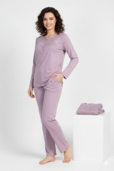 big mama طقم بيجامة نسائية من القطن الممشط 100% - ياقة بأزرار - مريح وناعم