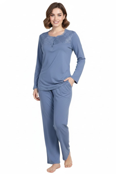 bigmama طقم بيجامة للأم مع دانتيل مقاس كبير 100% قطن - طقم مريح