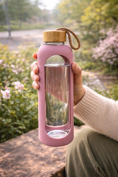 MİMOZA PARK 1 Liter Borosilicate Glass Flask Bamboo Vacuum Lid Water Bottle D...