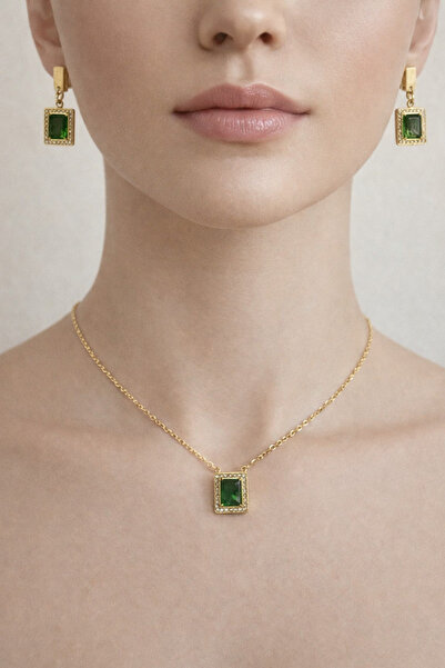 Alina Aksesuar BAGET GOLD RENK ÇELİK KOLYE VE KÜPE