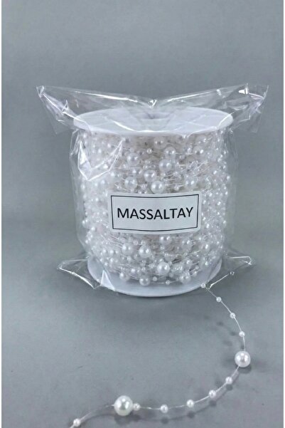 Massaltay Beyaz Saçaklı Misinalı İnci Süsleme İpi 2 Metre – Beyaz Boncuklu De...